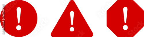 Red and White Round Circle Octagonal and Triangular Warning or Attention Caution Sign with Exclamation Mark Flat Icon Set. Vector Image.