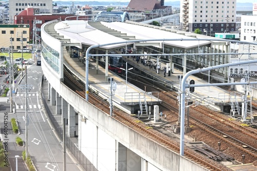 A view of a train station in the morning in Japan. Background material for transportation.