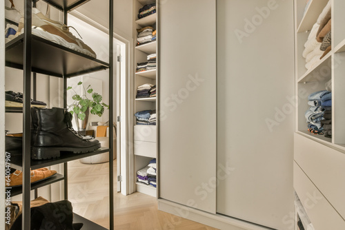 a walk - in closet with lots of clothes and shoes hanging on the wall behind it is an open white door