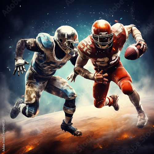 Two opposing American football players each hold an American football image made with AI