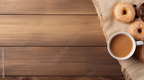 Top view of a cozy scene of donuts placed beside a cup of coffee on a light brown wooden table with space for text, creating a warm atmosphere and a spot for text along the edge. AI generated.