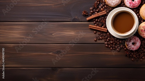 Top view of a cozy scene of donuts placed beside a cup of coffee on a wooden table with space for text, creating a warm atmosphere and a spot for text along the edge. AI generated.