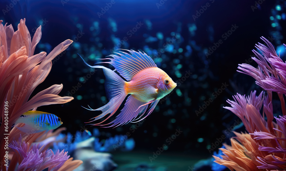 Beautiful orange and blue angel fish, colorful fish - obrazy, fototapety, plakaty 