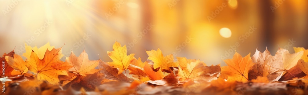 With orange leaves on a blurred background, this is a colorful universal natural autumn panorama for design. With orange leaves on a blurred background, this is a colorful universal natural autumn panorama for design.