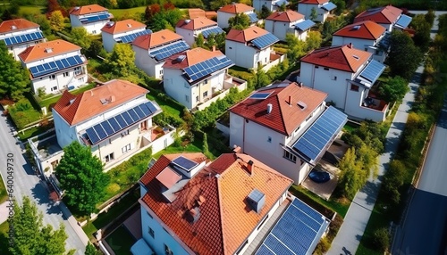 Drone view of residential areas with solar panels. Renewable energy Eco-energy