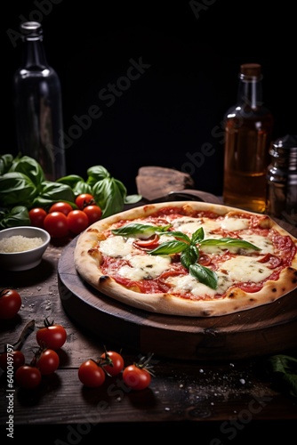 Pizza Margherita with mozzarella cheese, tomatoes and basil on black background. Culinary Photo. created with Generative AI
