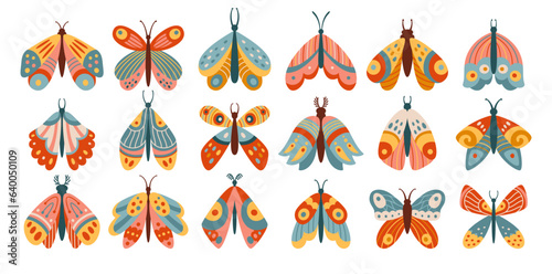 Butterfly and moth mystical boho ethnic set. Retro bohemian insects, wings with ornament . Fantasy stylized celestial moth flying magic decoration insects, mystical night butterfly line ornate vector
