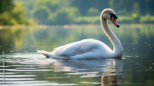 Elegantly poised white swan on a serene lake 