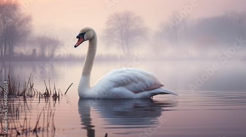 Elegantly poised white swan on a serene lake 