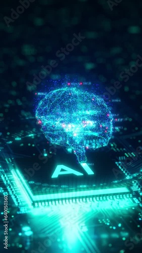 回路基盤と演算装置の上で光るホログラムの頭脳 / 生成AIと機械学習のモーションイメージ / 縦構図動画