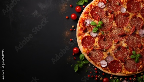 pizza sausage, tomato sauce, cheese Menu concept, food background, diet. top view. copy space for text