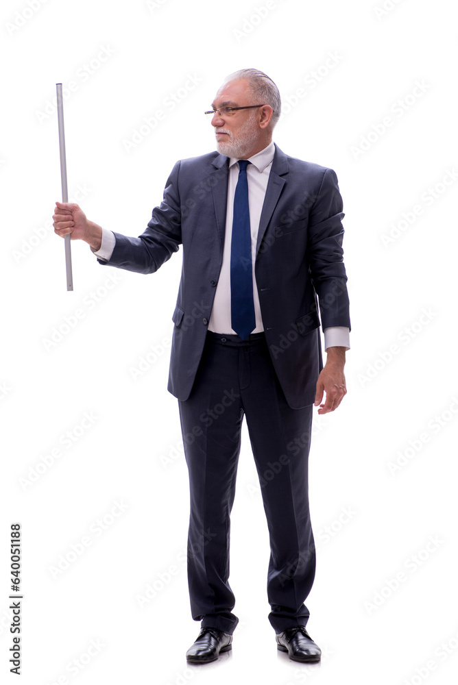 Old businessman holding metal stick isolated on white Old businessman holding metal stick isolated on white