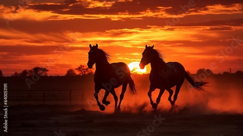 Silhouetted horses galloping against a fiery sunset 