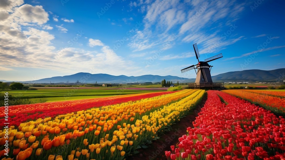 Vibrant tulip fields stretching to distant windmill
