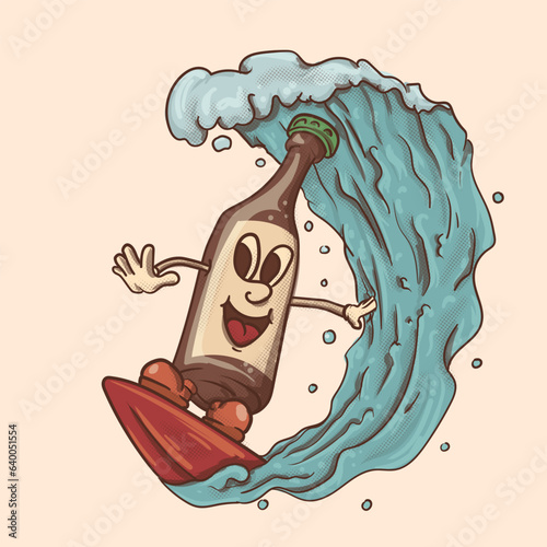 vintage funky beer mascot surving in the tropical sea waves. ale with face retro style illustration. 