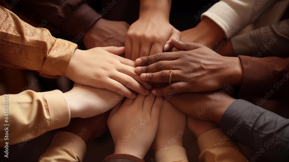 A close-up shot of hands holding onto each other in a circle, symbolizing gratitude and unity, with space for text in the center or along the edges. AI generated.