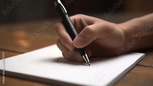 Man's hand writing with a pen on a black table. Black background. 