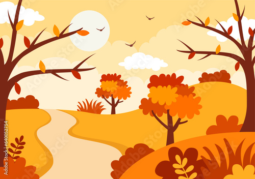 Autumn Landscape Background Vector Illustration with Mountains  Fields  Trees and Fall Leaves in Flat Cartoon Natural Season Panorama Templates