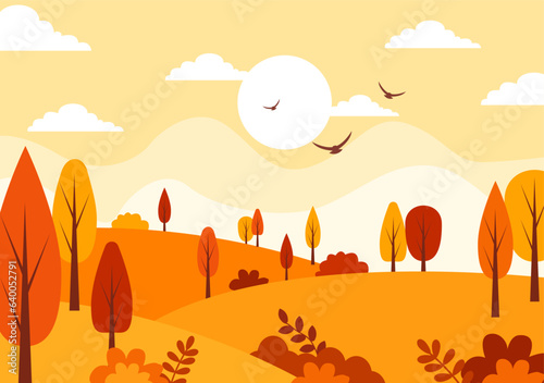 Autumn Landscape Background Vector Illustration with Mountains  Fields  Trees and Fall Leaves in Flat Cartoon Natural Season Panorama Templates