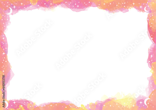 キラキラと三日月で飾ったピンクの水彩系フレーム-横型