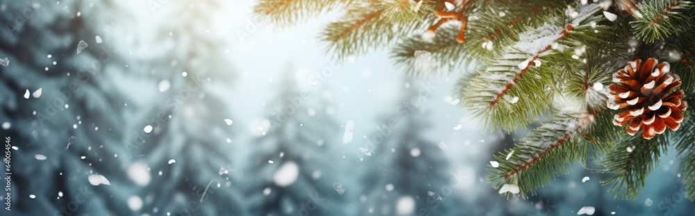 Branches and snowfall flakes covered in snow on a winter panorama background. Christmas banner. Branches and snowfall flakes covered in snow on a winter panorama background. Christmas banner.