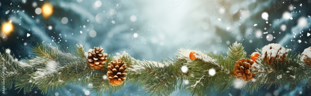 Branches and snowfall flakes covered in snow on a winter panorama background. Christmas banner. Branches and snowfall flakes covered in snow on a winter panorama background. Christmas banner.