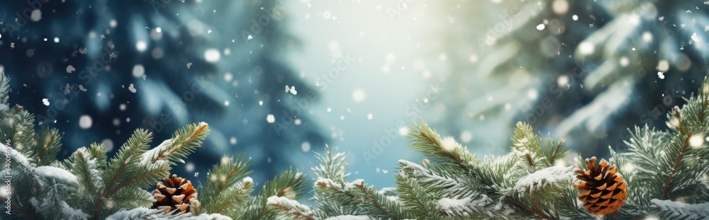 Branches and snowfall flakes covered in snow on a winter panorama background. Christmas banner. - obrazy, fototapety, plakaty 