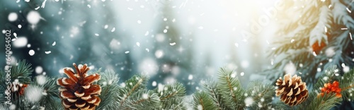 Branches and snowfall flakes covered in snow on a winter panorama background. Christmas banner.