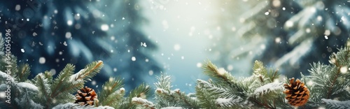 Branches and snowfall flakes covered in snow on a winter panorama background. Christmas banner.