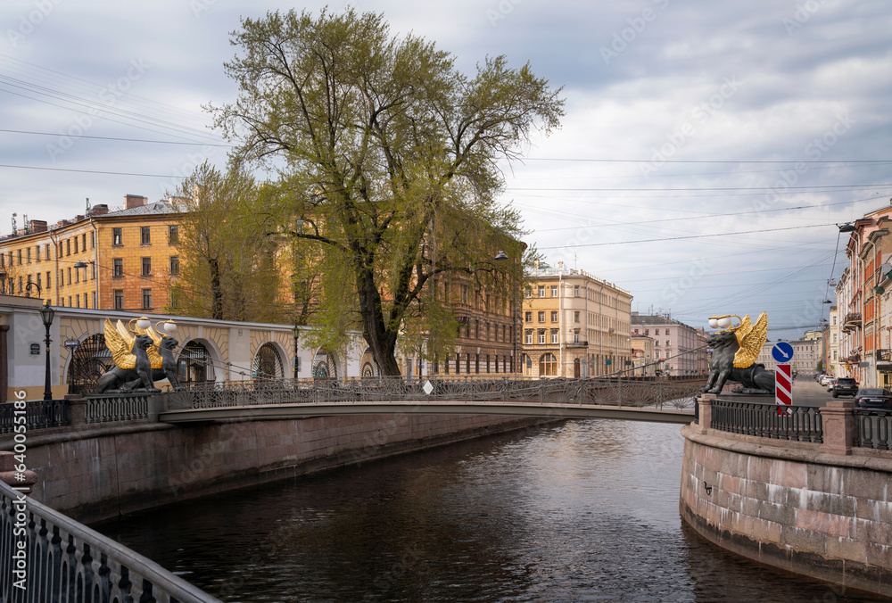 Embankment of the Griboyedov Canal and Bank Bridge on a sunny spring morning, Saint Petersburg, Russia
