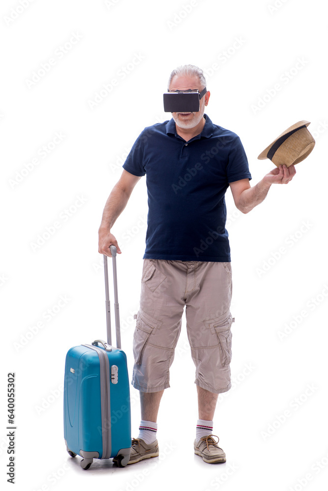 Old man in travelling concept isolated on white Old man in travelling concept isolated on white