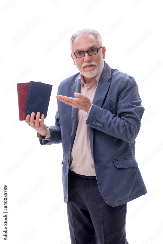 Old man holding book isolated on white Old man holding book isolated on white