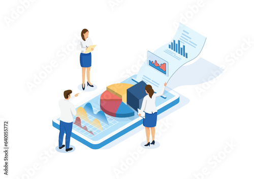 Data analysis, financial statement or accounting, business revenue or investment budget with marketing profit, tax, budget or marketing, isometric businessman and pie chart data report on smartphone