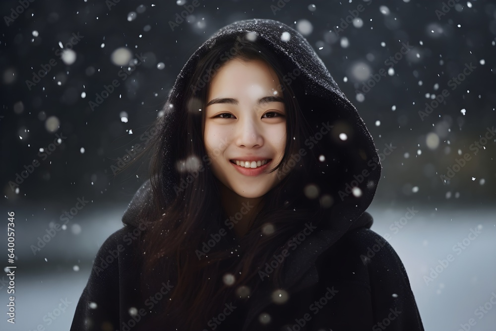 雪が降って嬉しそうな日本人女性 雪が降って嬉しそうな日本人女性