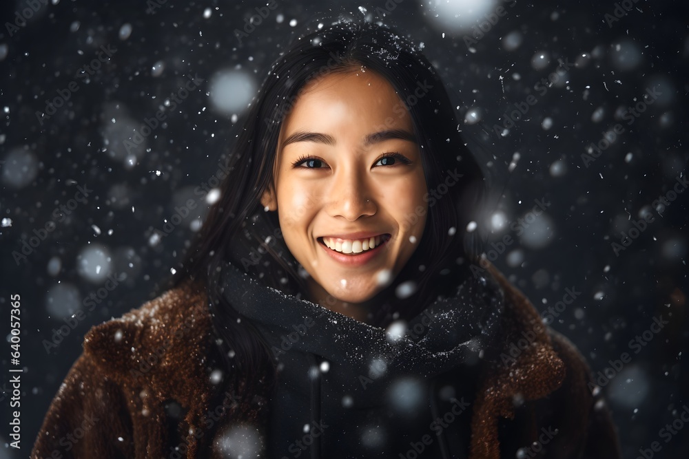 雪が降って嬉しそうな日本人女性 雪が降って嬉しそうな日本人女性