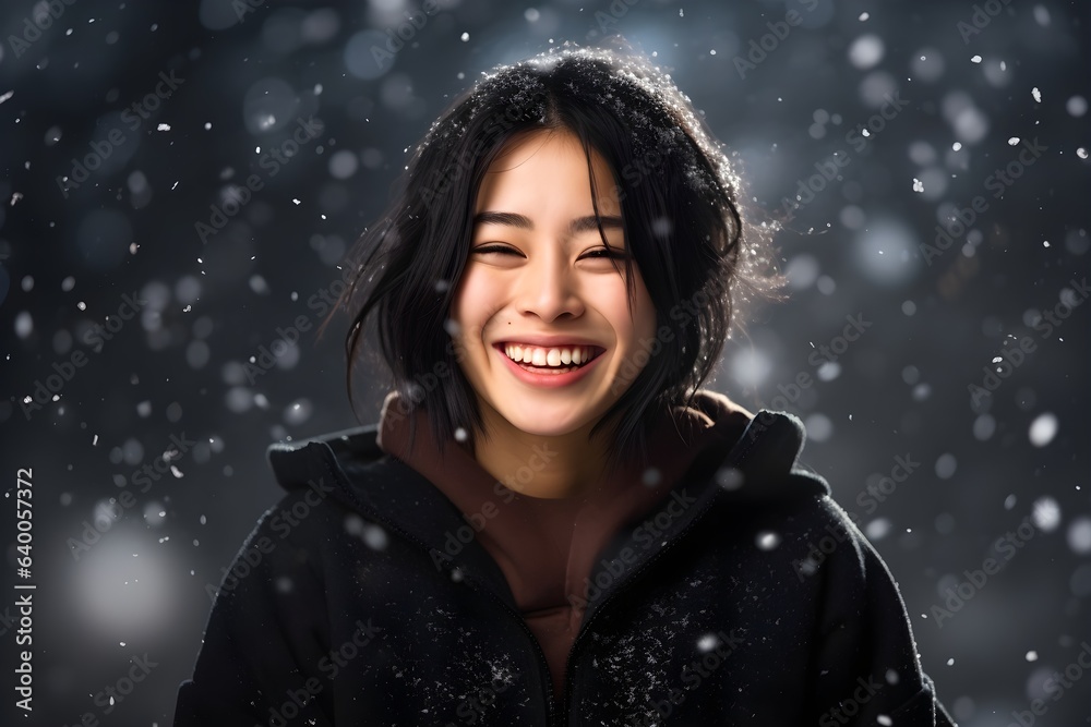 雪が降って嬉しそうな日本人女性 雪が降って嬉しそうな日本人女性