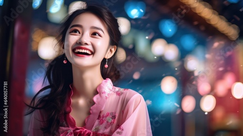 Close-up portrait of young asian woman in a pink dress with a big smile.