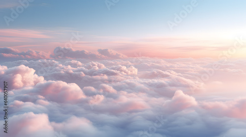 Beautiful aerial view above clouds at sunset, Beautiful cloudscape with blue sky and pink clouds. 3d illustration. Generated AI