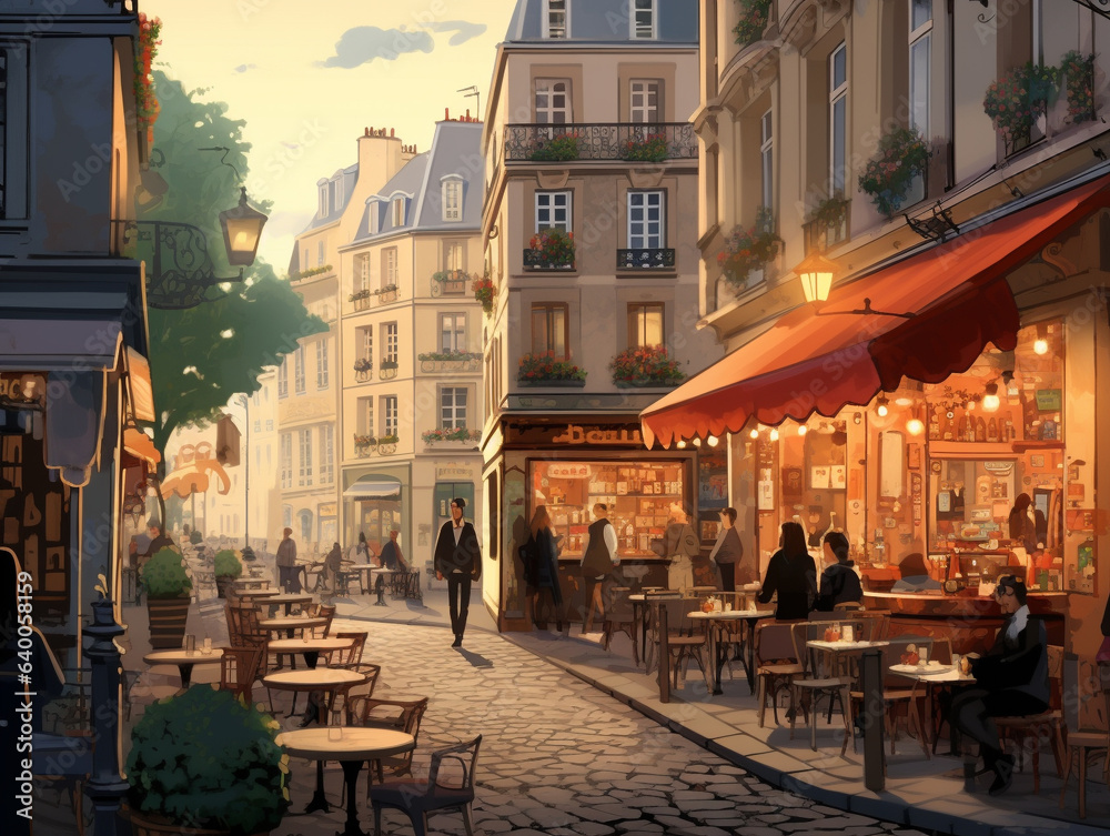 An Illustration of a Bustling European Cafe Street with Layered Patrons