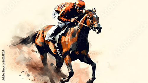 Horse racing . Digital illustration of thoroughbred horse and jockey. Generative AI