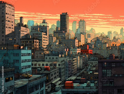 An Illustration of a Bustling 1980s Cityscape with Grainy Color Fades