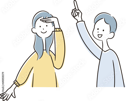 遠くを見ているアジア人の男性と女性のイラスト素材のセット