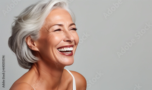 close-up portrait capturing a radiant 50s mid-age woman