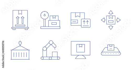 Logistics icons. Editable stroke. Containing this side up, scale, delivery box, container, conveyor, computer.