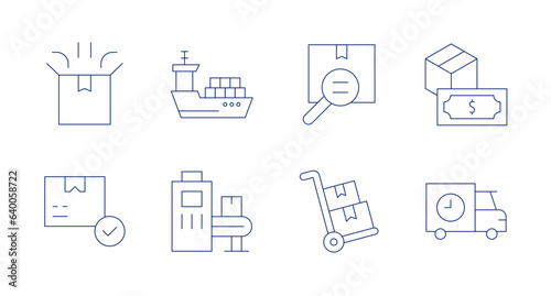 Logistics icons. Editable stroke. Containing package, cargo ship, tracking number, cash on delivery, approved, conveyor, trolley, delivery truck.