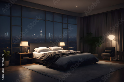 Hotel bedroom at night, dark gloomy with city sky view, A room with a view of the city from the bed © indofootage