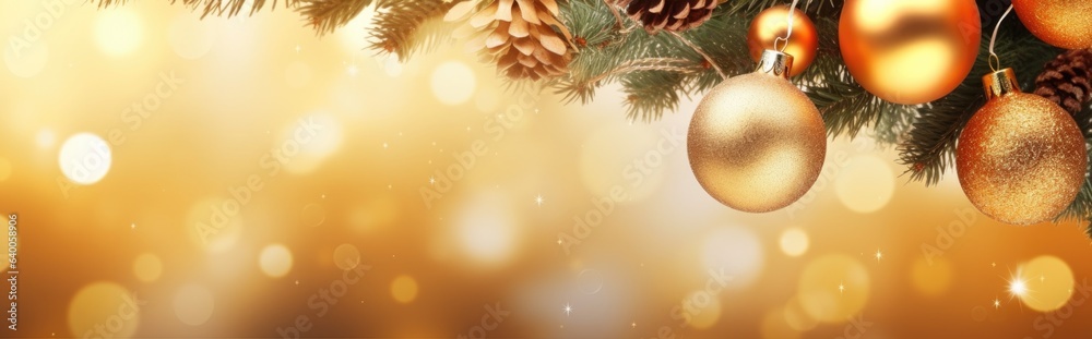 Golden sparkle Christmas lights around a Christmas tree with gold baubles. Wide format banner. Background with atmosphere of celebration and magic.