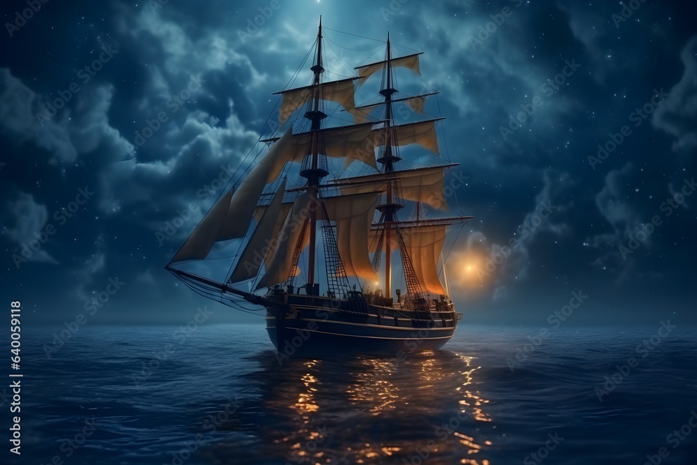 Fototapeta premium 夜の海に浮かぶ帆船