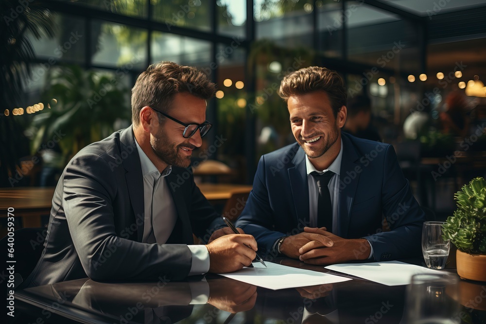 Two businessmen signing a contract during a successful business deal. 'generative AI' Two businessmen signing a contract during a successful business deal. 'generative AI'
