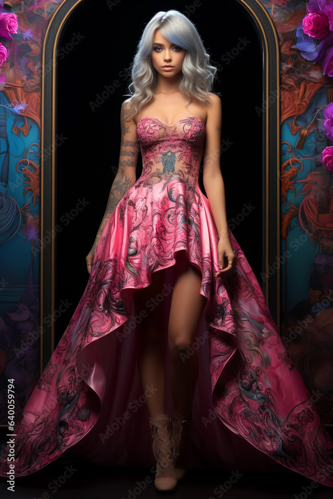 Fashion shot of a beautiful blonde woman in a long pink dress